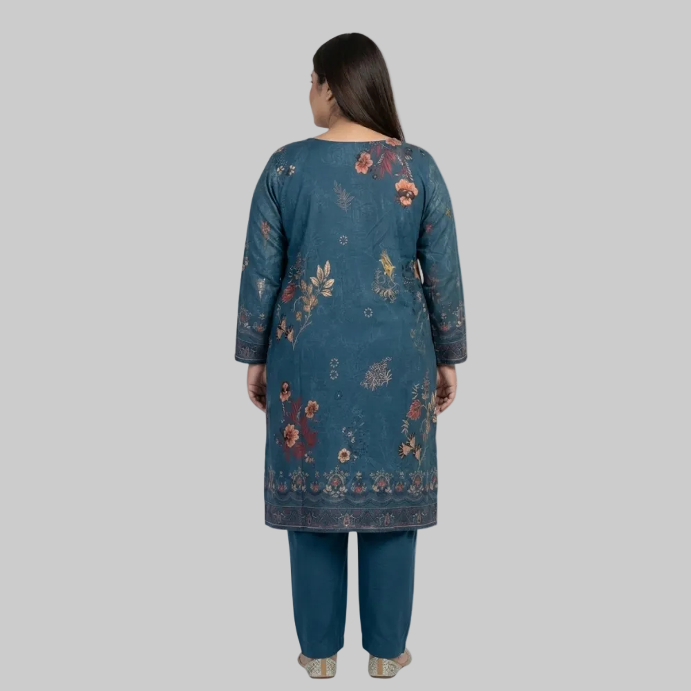 Printed Linen 2-Piece Suit – Teal Blue PSW-10693