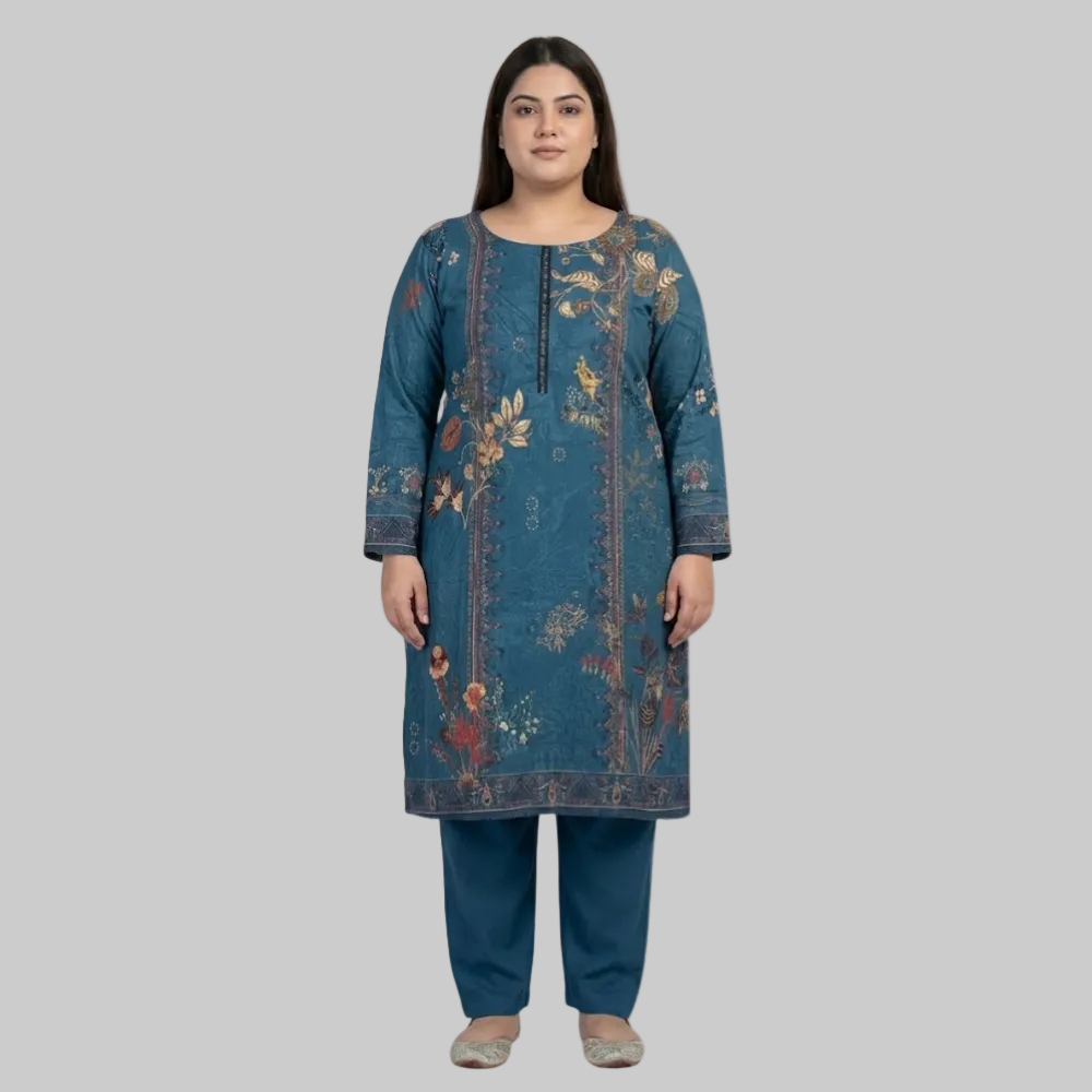 Printed Linen 2-Piece Suit – Teal Blue PSW-10693