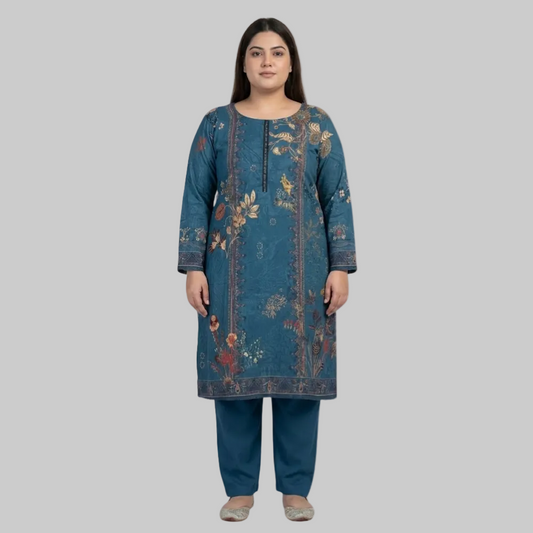 Printed Linen 2-Piece Suit – Teal Blue PSW-10693