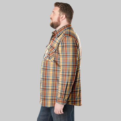 Big and tall pumpkin plaid flannel shirt made from soft cotton with button-flap chest pockets and long sleeves shown on a plain background.