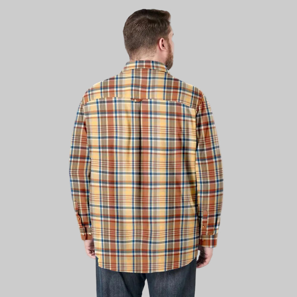 Big and tall pumpkin plaid flannel shirt made from soft cotton with button-flap chest pockets and long sleeves shown on a plain background.