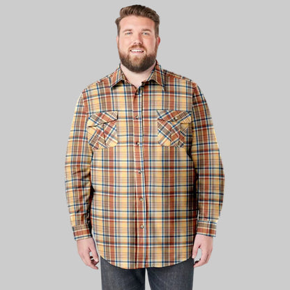 Big and tall pumpkin plaid flannel shirt made from soft cotton with button-flap chest pockets and long sleeves shown on a plain background.
