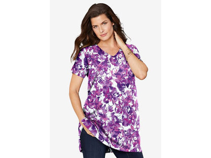 Purple Dreamy Floral Plus Size Women V Neck Ultimate Tunic PSW-5706