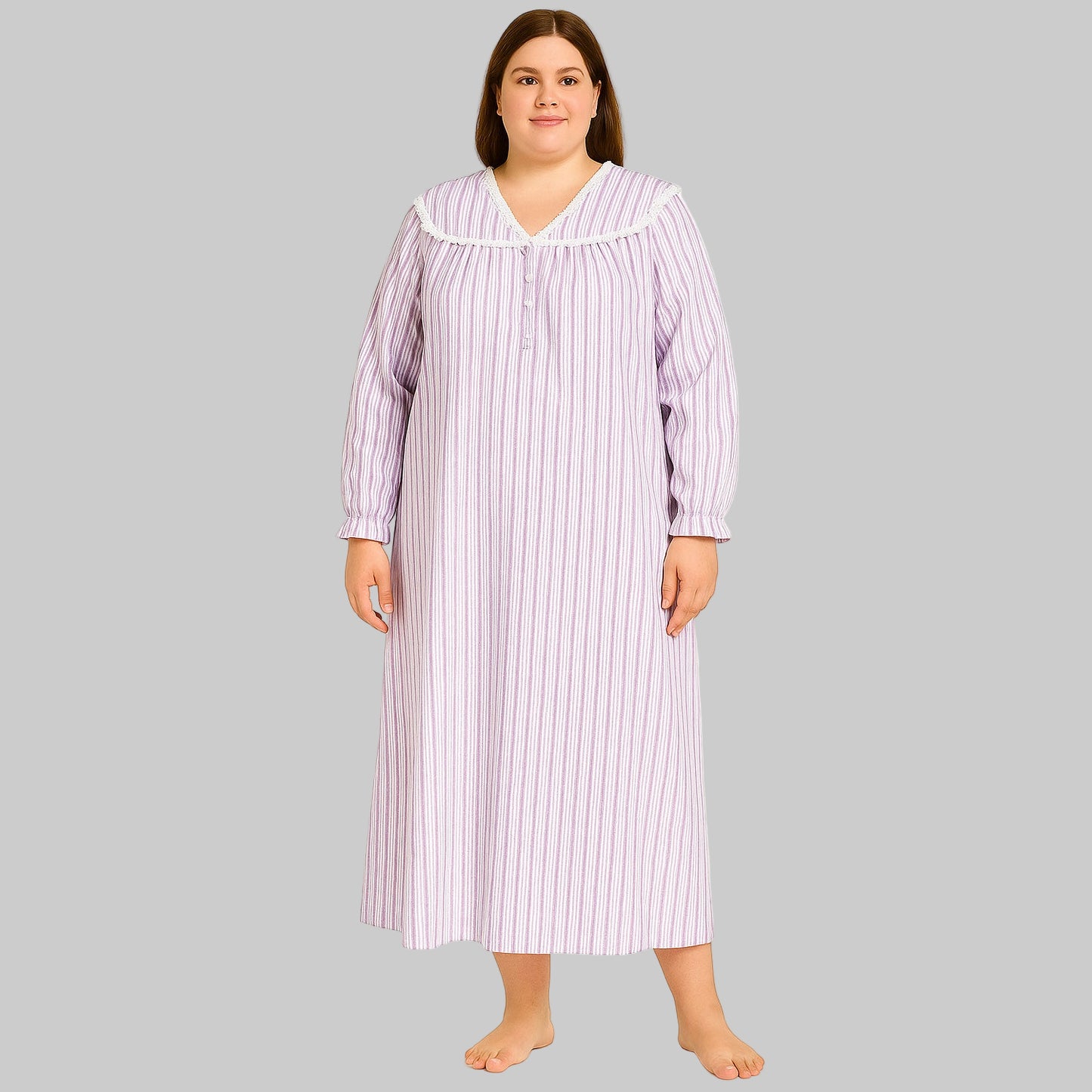 Long purple striped flannel nightgown with lace trim and ruffled sleeves