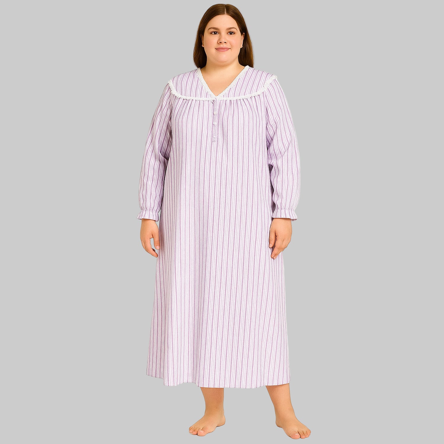 Long purple striped flannel nightgown with lace trim and ruffled sleeves