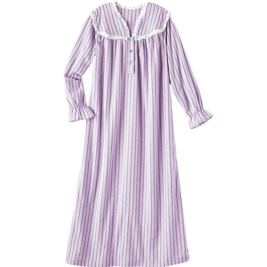 Long purple striped flannel nightgown with lace trim and ruffled sleeves

