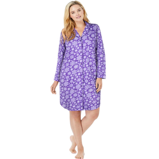 Plus size purple floral sleep shirt with button front and long sleeves