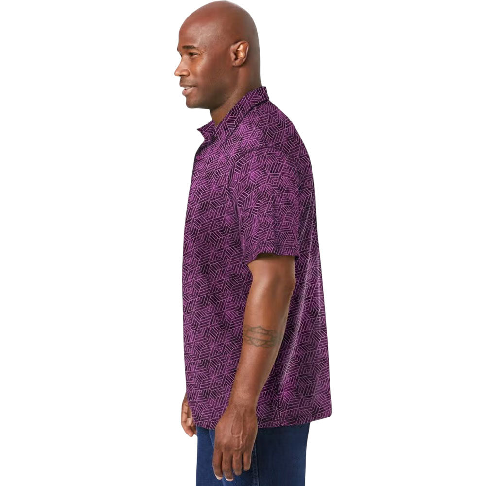 Purple geometric moisture-wicking polo shirt with three-button placket