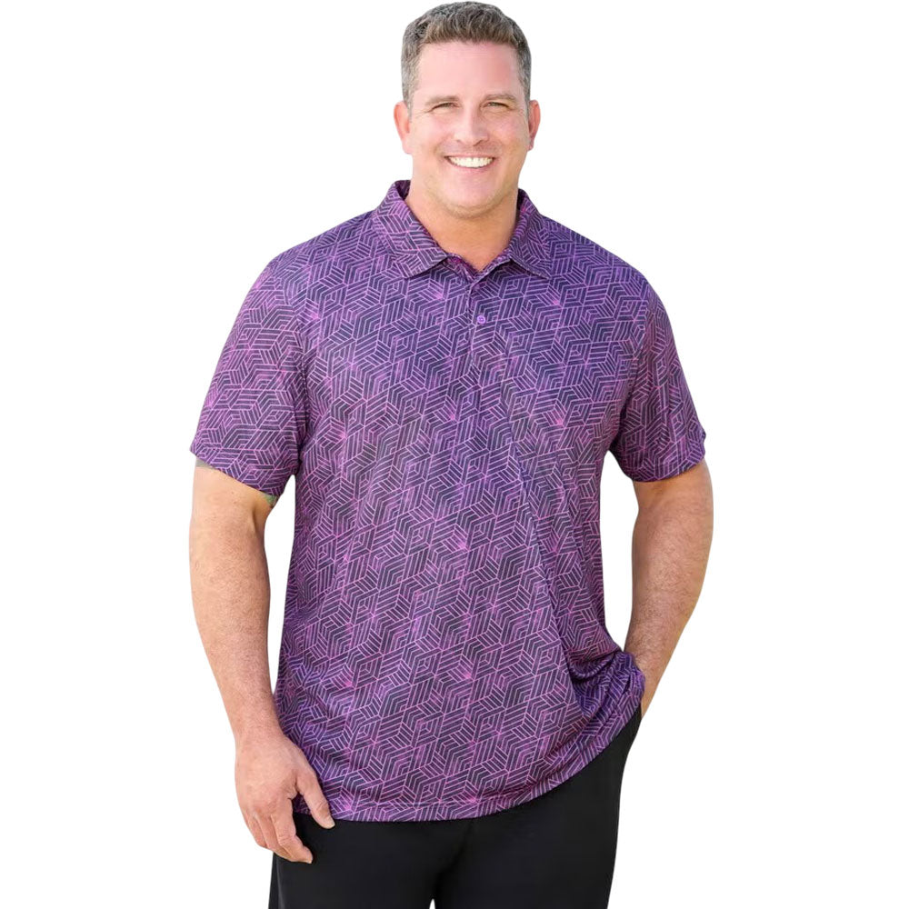 Purple geometric moisture-wicking polo shirt with three-button placket