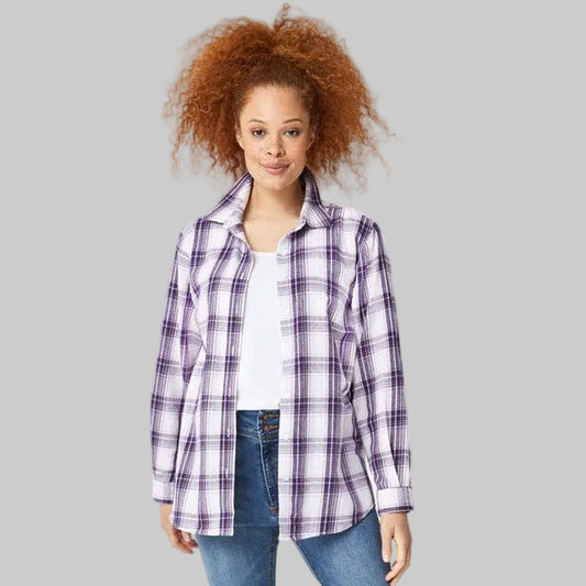 Women's purple ivory plaid cotton flannel shirt with collar and button front.
