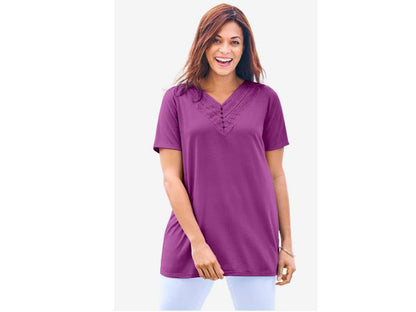 Plus Size Women Eyelet V-Neck Henley T-Shirt PSW-4023