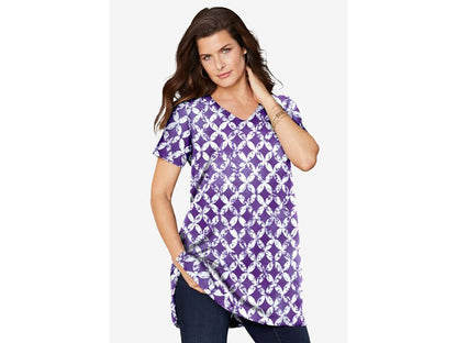 Purple Orchid Tie Dye Medallion Short Sleeve V Neck Tunic PSW-7088