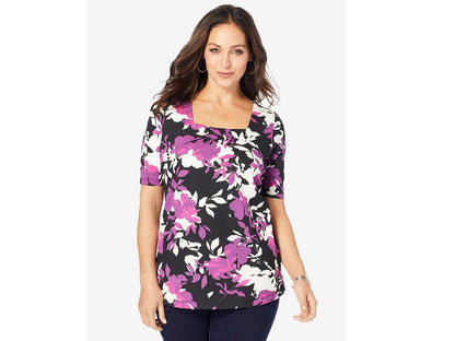 Purple Floral Plus Size Women Square Neck T-Shirt PSW-5823