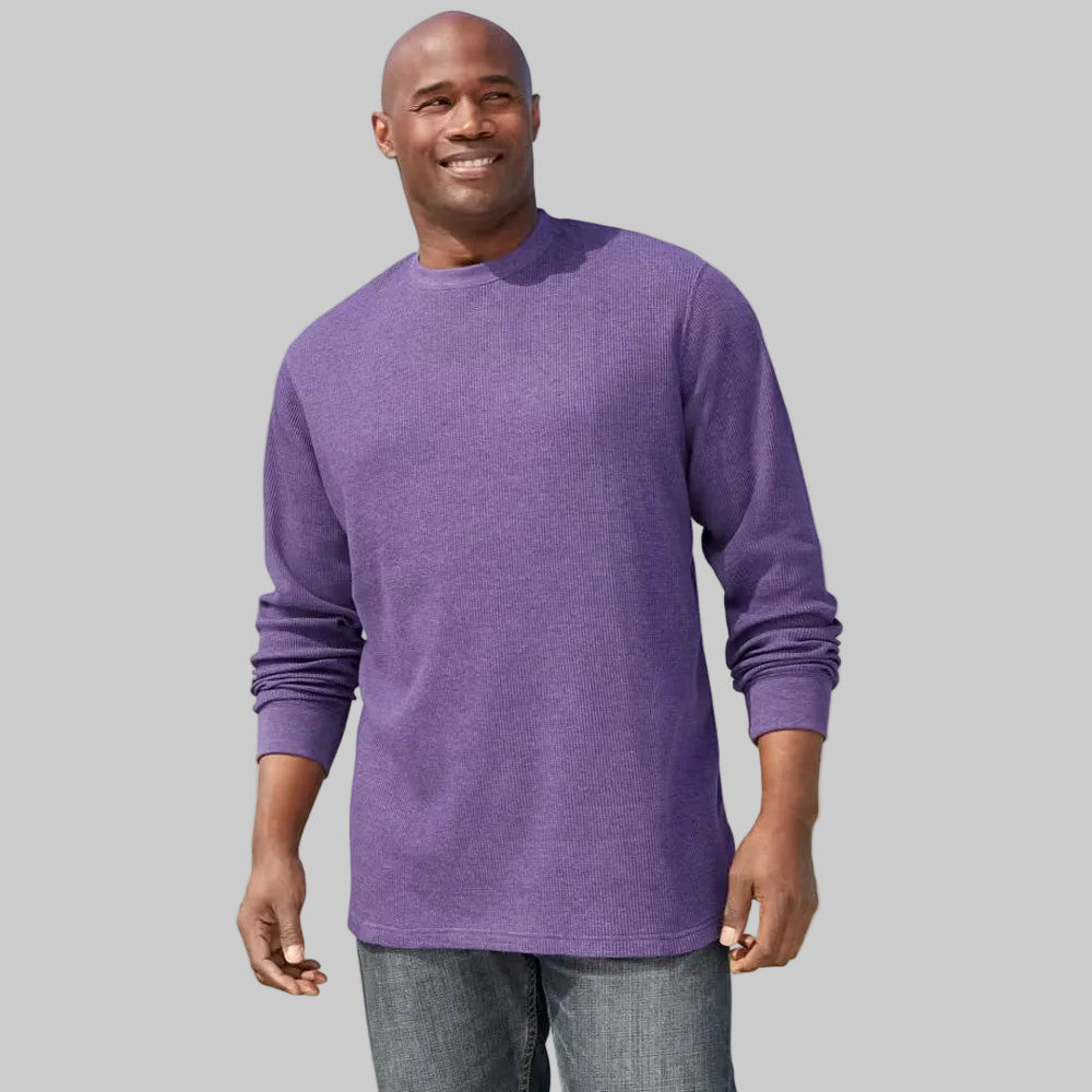Purple waffle knit thermal crewneck T-shirt with relaxed fit and ribbed collar