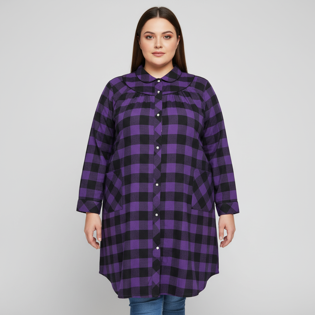 Purple and black buffalo plaid flannel shirt dress with button front and pockets for women