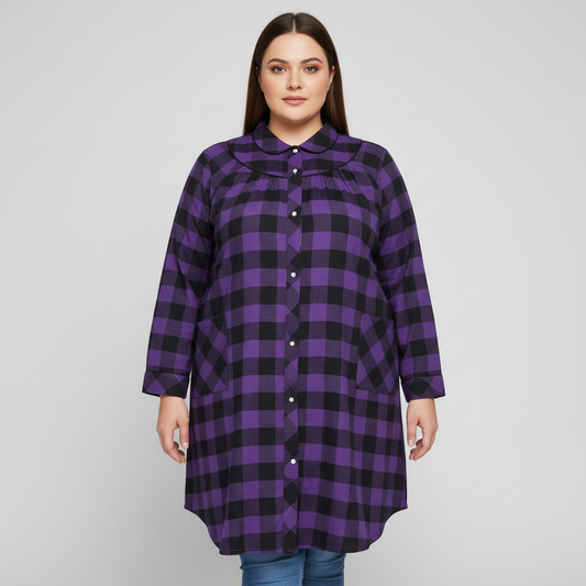 Purple and black buffalo plaid flannel shirt dress with button front and pockets for women