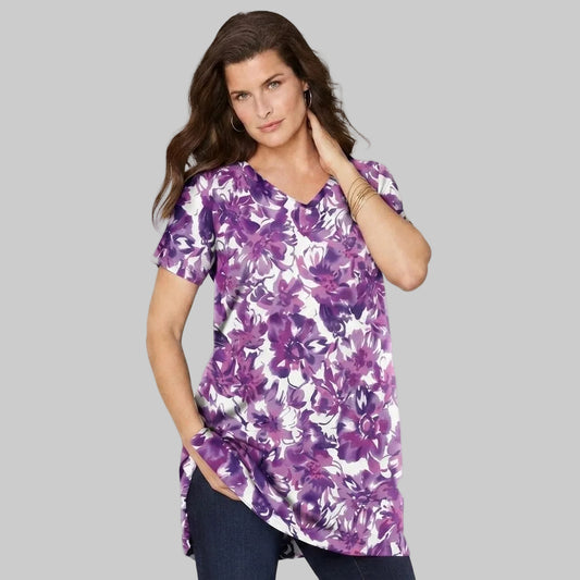 Purple dreamy floral plus size women V neck ultimate tunic in cotton jersey