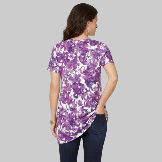 Purple dreamy floral plus size women V neck ultimate tunic in cotton jersey
