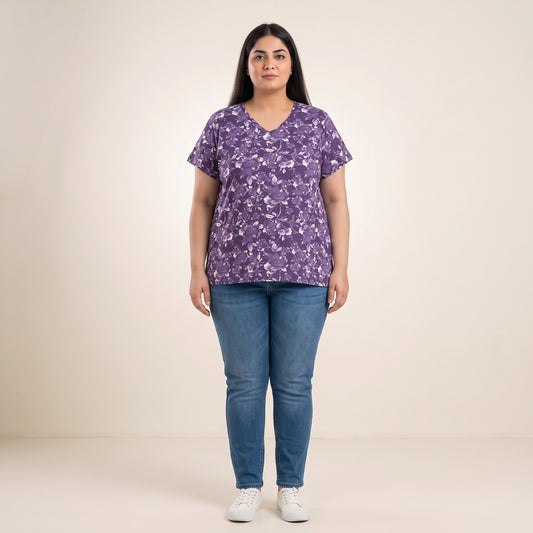 Purple Dreamy Floral V-Neck Tunic | Plus Size - PSW-5706