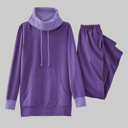 Purple plus size fleece cowl neck hoodie and jogger lounging set on white background