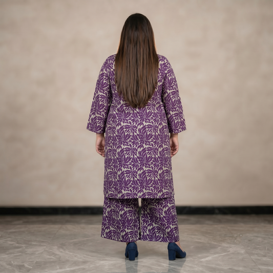 Person wearing a purple patterned outfit standing against a plain background