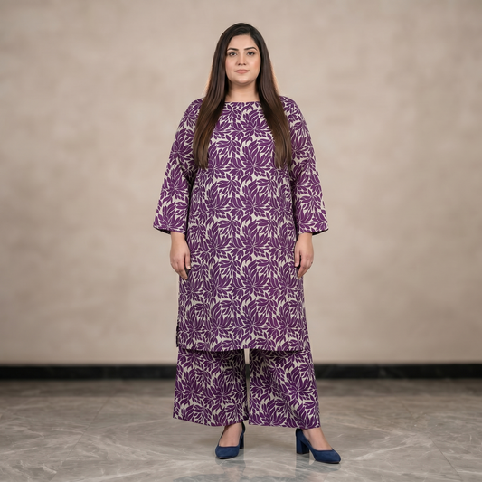 Woman wearing a purple floral dress against a neutral background