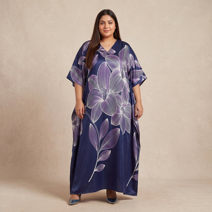 Purple Floral Print Maxi Kaftan for Women with Relaxed V-Neckline and Wide Flowing Sleeves