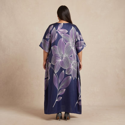Purple Floral Print Maxi Kaftan for Women with Relaxed V-Neckline and Wide Flowing Sleeves