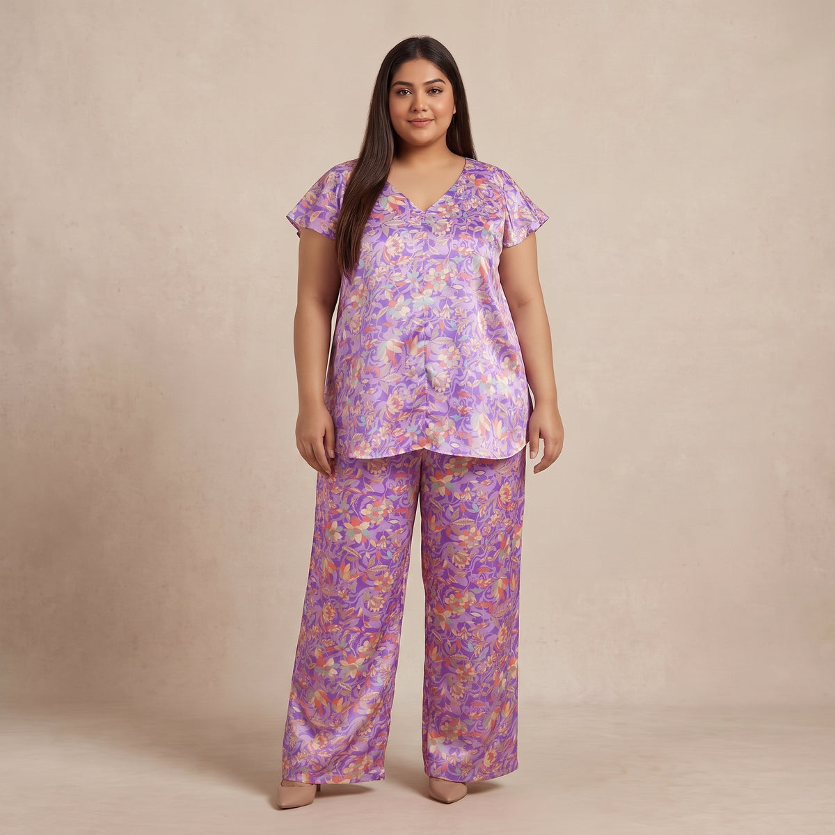 Purple Floral Print Silk Co-Ord Set for Women featuring an elegant floral pattern