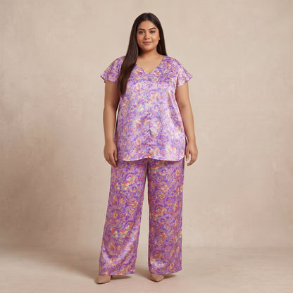 Purple Floral Print Silk Co-Ord Set for Women featuring an elegant floral pattern