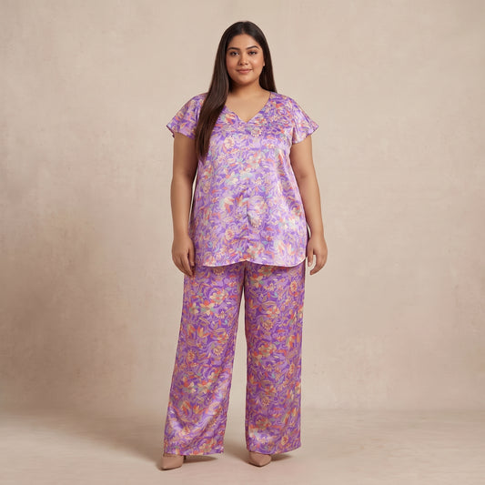 Purple Floral Print Silk Co-Ord Set for Women featuring an elegant floral pattern