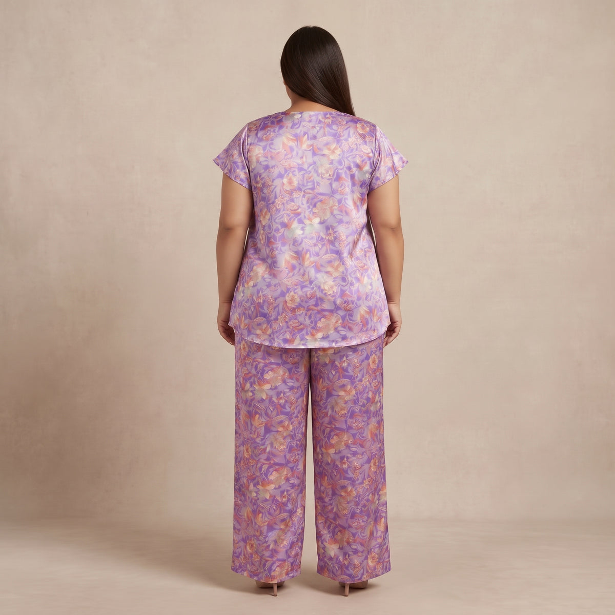 Purple Floral Print Silk Co-Ord Set for Women featuring an elegant floral pattern