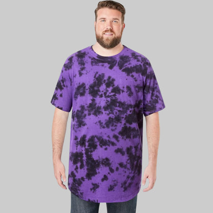 Plus-size Pakistani male model wearing purple marble crewneck T-shirt with chest pocket on a clean studio background.