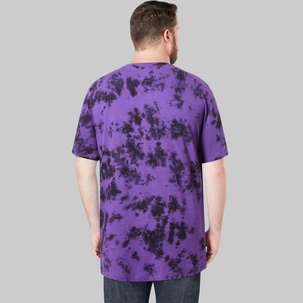 Plus-size Pakistani male model wearing purple marble crewneck T-shirt with chest pocket on a clean studio background.