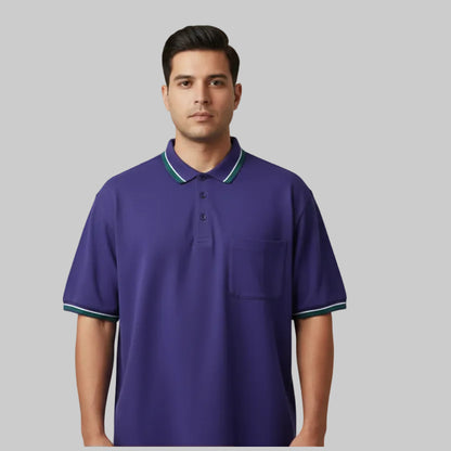 Purple Plus Size Polo Shirt with Pocket & Green Tipped Collar PSM-10736