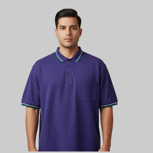 Purple Plus Size Polo Shirt with Pocket & Green Tipped Collar PSM-10736