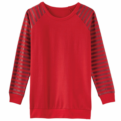 Red Fleece Sweatshirt with Striped Sleeves PSW-9108