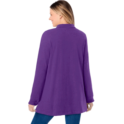 Radiant purple long-sleeve polo shirt with collar and button placket, made from soft knit fabric, shown on a plus-size mannequin.