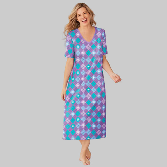 Radiant Violet Argyle long print cotton sleepshirt with V-neck, short sleeves, and side slits for women’s cozy nightwear.