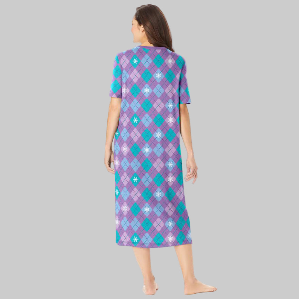 Radiant Violet Argyle long print cotton sleepshirt with V-neck, short sleeves, and side slits for women’s cozy nightwear.