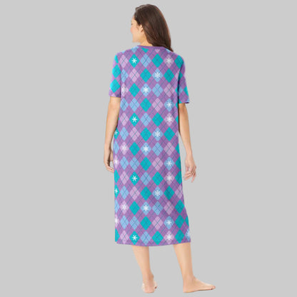Radiant Violet Argyle long print cotton sleepshirt with V-neck, short sleeves, and side slits for women’s cozy nightwear.