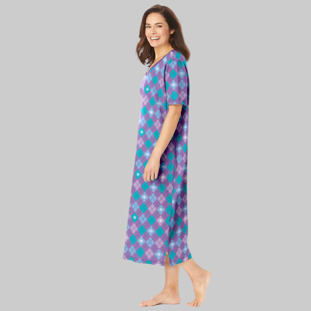 Radiant Violet Argyle long print cotton sleepshirt with V-neck, short sleeves, and side slits for women’s cozy nightwear.
