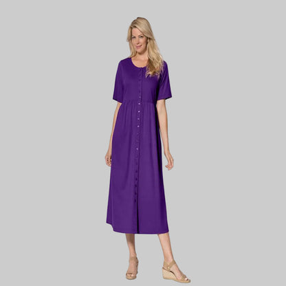 Radiant purple button front cotton knit midi dress with elbow sleeves