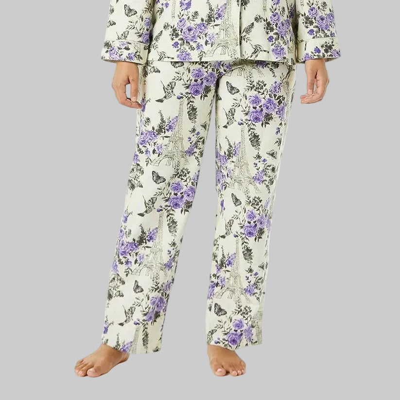 Ivory flannel pajama pants with lavender floral print, relaxed fit sleepwear