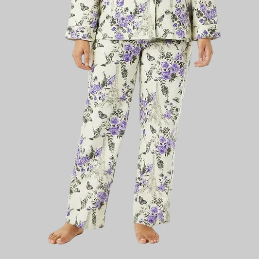 Ivory flannel pajama pants with lavender floral print, relaxed fit sleepwear
