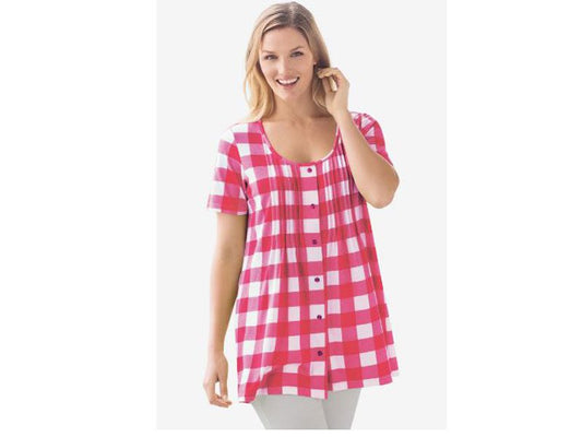 Raspberry Buffalo Plaid knit Pintucks Tunic PSW-4946