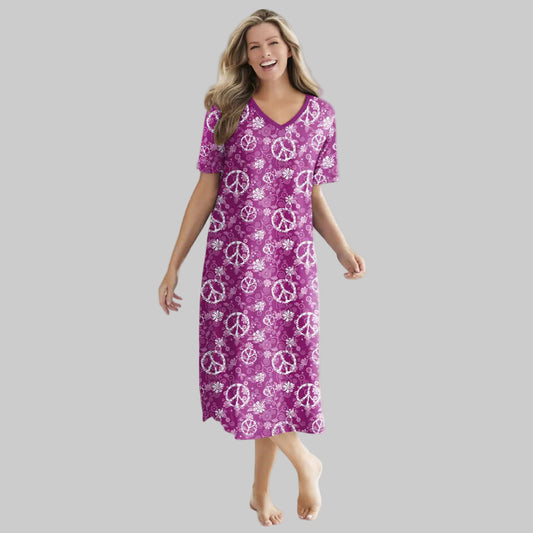 Women’s Raspberry Peace Sign Long Print Sleepshirt with ribbed V-neck, short sleeves, A-line fit, and side slits, made from pure cotton.