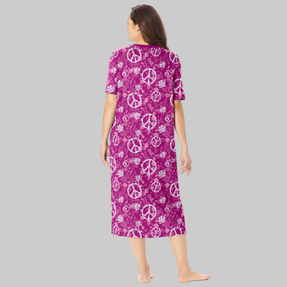 Women’s Raspberry Peace Sign Long Print Sleepshirt with ribbed V-neck, short sleeves, A-line fit, and side slits, made from pure cotton.
