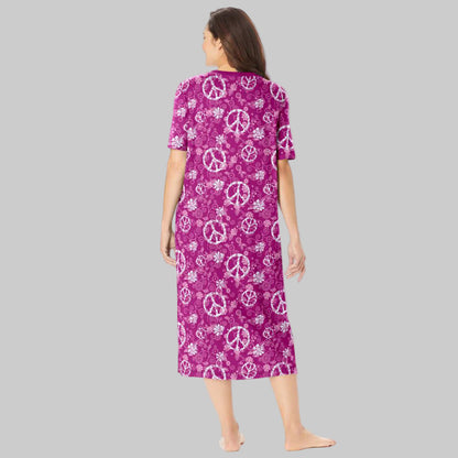 Women’s Raspberry Peace Sign Long Print Sleepshirt with ribbed V-neck, short sleeves, A-line fit, and side slits, made from pure cotton.