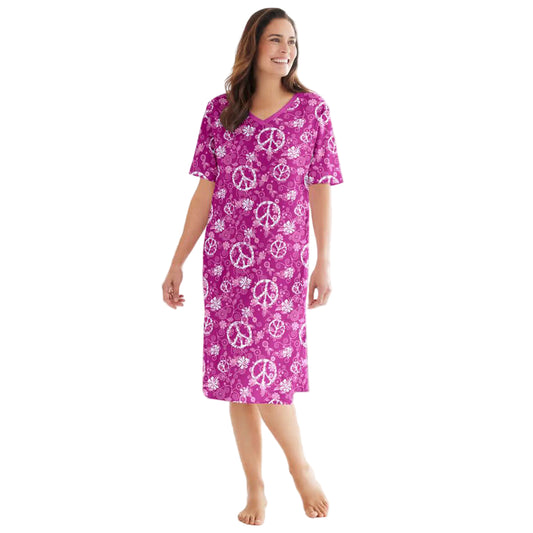 Raspberry Peace Sign Plus Size Short Sleepshirt with V-neck and A-line silhouette.